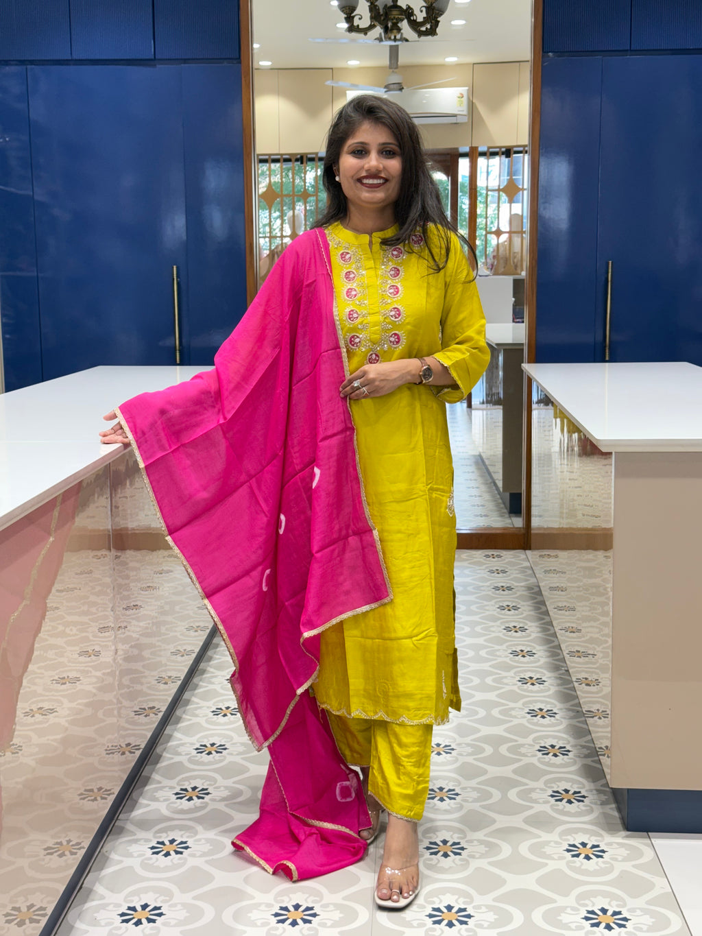 Lemon Yellow Colour Pink Duppata Dress Wedding Special: 0003